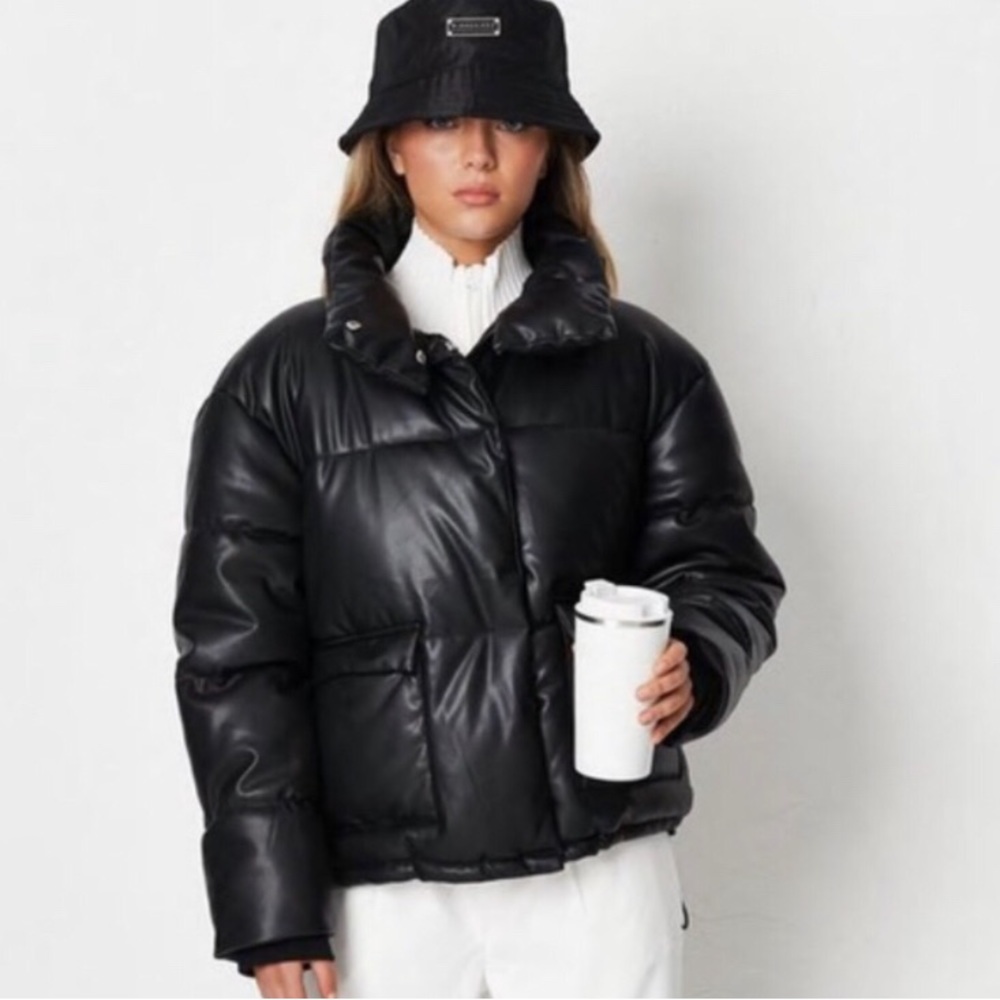 Black Vegan Leather Puffer Jacket - Size Small/ US 4